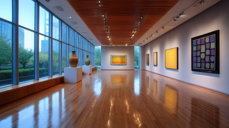 This image features a modern art gallery interior with large windows, showcasing vibrant artworks. The wooden flooring reflects the natural light, creating a serene atmosphere.の素材
