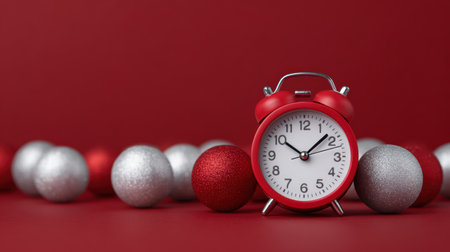 A vibrant red alarm clock highlights the festive spirit, surrounded by shiny red and silver Christmas ornaments on a bright red background.の素材