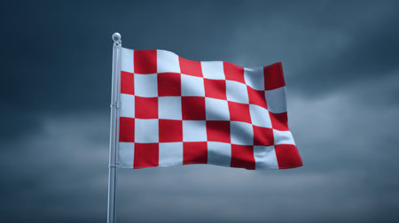 This striking image features a red and white checkered flag dynamically waving against a dark stormy sky, showcasing a dramatic outdoor scene full of movement and color.の素材