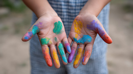 A child's hands display a vibrant array of colorful paint, showcasing creativity and joy from an outdoor art activity. The image captures the essence of playful expression.の素材