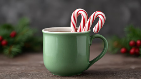 A charming green ceramic mug showcases hot cocoa adorned with peppermint candy canes, perfect for creating a cozy holiday atmosphere.の素材