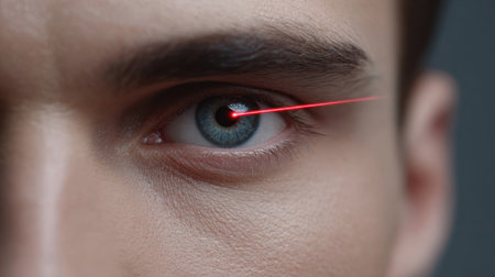 This striking close-up image captures a human eye focused on a red laser beam targeting the pupil, evoking themes of technology, imagination, and emotion.の素材