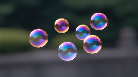 A captivating scene of colorful soap bubbles floating gracefully in the air, reflecting their surroundings. The soft background enhances the visual appeal, creating a joyful atmosphere.の素材