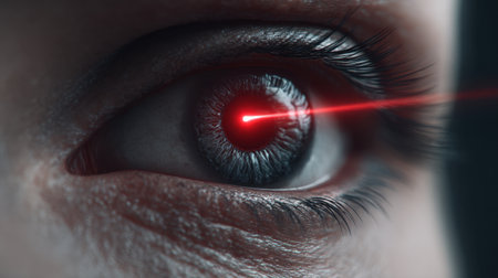 A captivating close-up image showcasing a human eye with a striking red laser beam projecting from the center. This striking visual blends themes of technology and science fiction, evoking feelings of curiosity and wonder.の素材