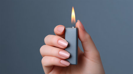 A graceful hand elegantly holds a modern lighter with a soft flame against a muted gray background, symbolizing warmth and creativity in design.の素材