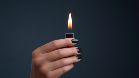 A close-up shot of a hand with black nail polish holding a lighter, featuring a bright flame against a dark background, evoking warmth and style.の素材