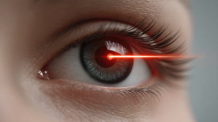 Close-up view of a human eye featuring a striking red laser beam emerging from the pupil, symbolizing technology and eye care innovation.の素材