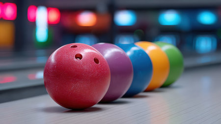 A vibrant arrangement of colorful bowling balls rests on a polished alley, illuminated by soft neon lights. Perfectly captures the excitement of bowling.の素材