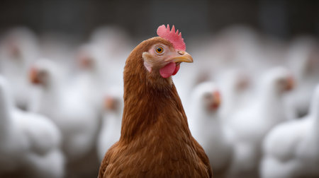 A detailed close-up of a brown hen proudly standing in focus, surrounded by a blurred background of white chickens, showcasing a vibrant rural farm scene.の素材