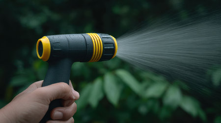 A close-up of a hand holding a black and yellow water spray nozzle, showcasing a fine mist of water dispersing in a lush green environment, ideal for gardening.の素材