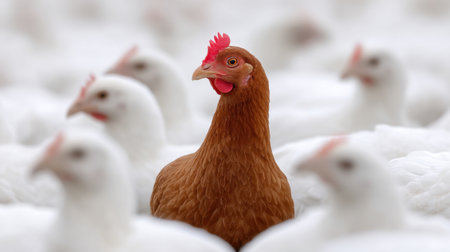 A striking brown hen stands confidently among a sea of white chickens, showcasing the diversity in bird breeds commonly found in farm environments.の素材