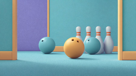 This image showcases a delightful bowling scene featuring colorful bowling balls and pins in a playful indoor setting, perfect for capturing the essence of fun.の素材