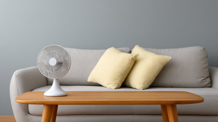 This cozy living room scene features a stylish sofa adorned with soft yellow cushions, complemented by a modern fan and wooden table, creating a tranquil ambiance.の素材