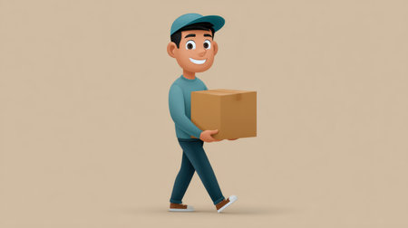 This illustration features a friendly male character happily carrying a brown box, perfect for themes of delivery, logistics, and cheerful service.の素材