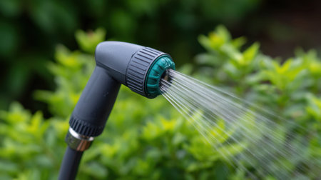 A close-up view of a garden hose sprayer wand features a green nozzle dispersing water over lush greenery. Ideal for garden and watering themes.の素材