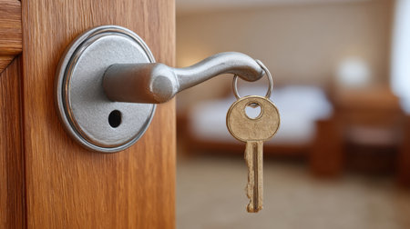 A close-up view of a key hanging from a door handle, symbolizing access to a hotel room. The blurred background features a cozy bedding area, enhancing the welcoming atmosphere of the accommodation.の素材