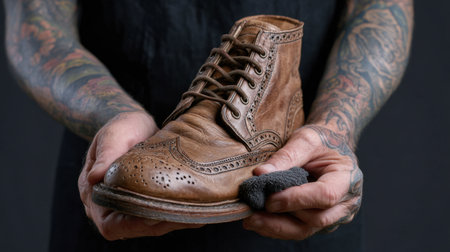 A close-up image featuring a handcrafted brown leather boot held by a tattooed individual, showcasing artisan detail, care, and polish in a simple background.の素材