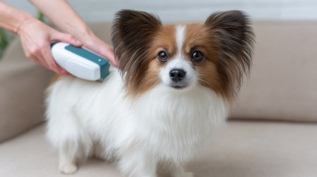 A small fluffy dog enjoys a grooming session at home. The owner uses a brush to maintain the dog's coat, emphasizing pet care and hygiene.の素材