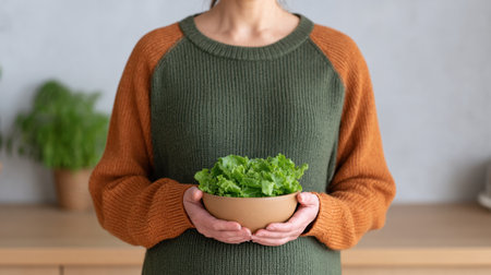 A woman in a cozy sweater holds a bowl of fresh green lettuce, showcasing her commitment to a healthy lifestyle and natural nutrition choices.の素材