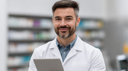 A cheerful male pharmacist in a white coat stands in a modern pharmacy. He holds a digital tablet and smiles confidently, ready to assist customers with their health needs.の素材