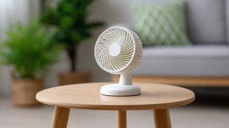 A stylish compact desk fan on a wooden table brings comfort and fresh air to a bright interior, featuring greenery and a cozy sofa setting.の素材