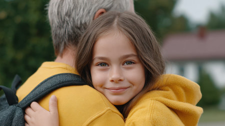 A heartwarming moment captured of a young girl smiling while embracing an adult in matching yellow hoodies, set against a scenic outdoor backdrop.の素材