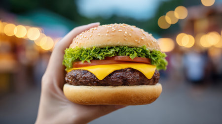 A hand holding a delicious cheeseburger filled with fresh vegetables and melted cheese, perfect for an outdoor food market setting on a vibrant summer day.の素材