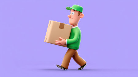 This whimsical illustration features a cheerful cartoon delivery person carrying a package against a vibrant purple background, perfect for logistics themes.の素材