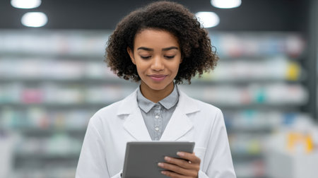 A professional female pharmacist engages with a digital tablet in a bright and modern pharmacy setting, showcasing her expertise and dedication to patient care.の素材