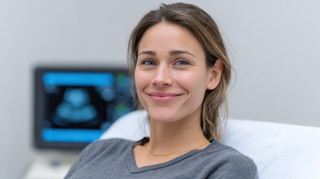 A smiling woman sits comfortably in a modern clinic during an ultrasound examination, radiating positivity and confidence in a healthcare setting.の素材