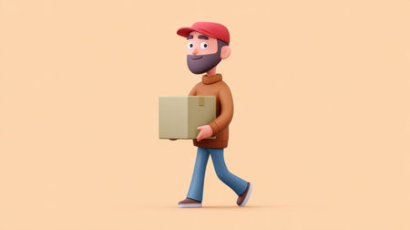 A cheerful cartoon character with a beard and cap walks while holding a box against a soft pastel background, perfect for delivery themes.の素材