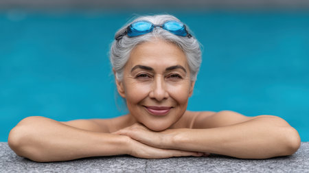 A cheerful senior woman with gray hair leans on the edge of a pool, showcasing relaxation and joy. The scene captures a tranquil outdoor moment perfect for wellness and leisure.の素材