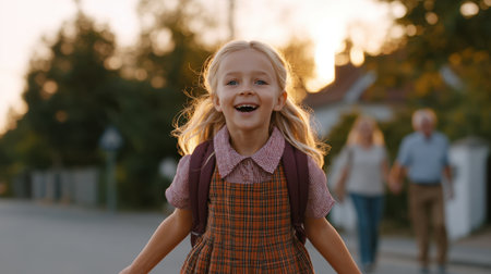 A joyful young girl runs along a peaceful street in autumn, sunlight casting a warm glow, embodying happiness and childhood innocence in her playful moment.の素材