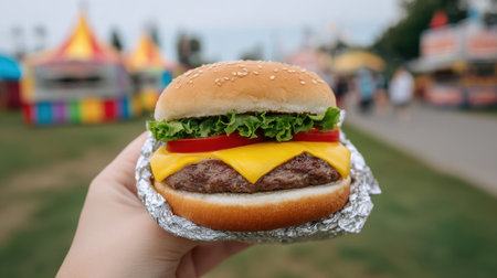 A mouth-watering cheeseburger featuring fresh lettuce and ripe tomato, presented outdoors at a vibrant food festival setting, perfect for summer enjoyment.の素材