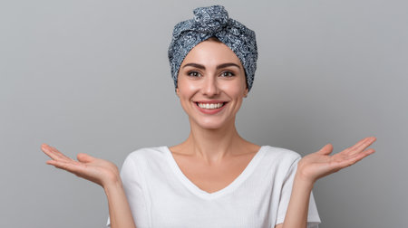 A joyful young woman with a stylish scarf on her head presents a bright smile, symbolizing positivity and wellness in a neutral setting.の素材
