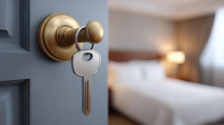 A close-up of a silver key hanging from a door knob, set against a softly lit hotel bedroom backdrop, evokes feelings of comfort and inviting hospitality.の素材