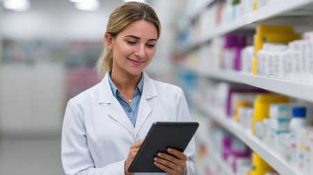 A confident pharmacist smiles while using a tablet in a well-organized pharmacy, surrounded by various health products on the shelves.の素材
