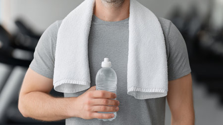 A man in a grey shirt stands in a gym with a towel draped around his shoulders, holding a clear water bottle, symbolizing fitness and hydration.の素材