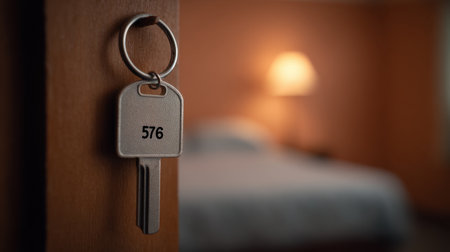 A close-up view of a hotel room key hanging on a wooden door, with a modern and cozy bedroom softly blurred in the background, creating a welcoming atmosphere.の素材