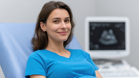 A cheerful pregnant woman in a blue shirt sits comfortably in a modern clinic, awaiting her ultrasound scan. The clean environment reflects professional healthcare.の素材
