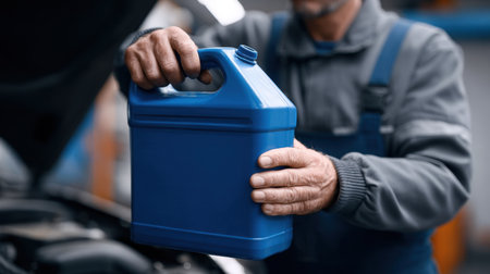A mechanic in a garage setting carefully holds a blue container of liquid, ready to perform essential maintenance on a vehicle's engine system.の素材