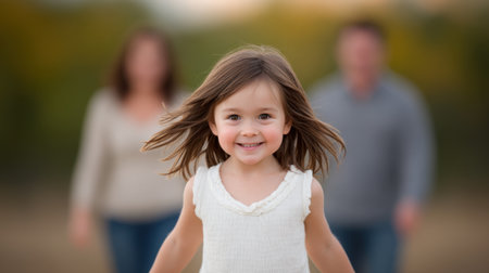 A joyful young girl runs playfully outdoors, showcasing her happiness and innocence. Parents smile in the background, emphasizing family bonding in a bright, sunny setting.の素材
