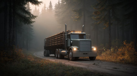 A heavy-duty truck loaded with logs navigates a serene forest pathway, bathed in soft morning light, reflecting the beauty of nature and transportation.の素材
