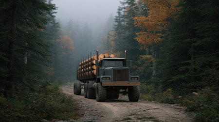 A logging truck laden with timber navigates a misty forest path. Surrounded by vibrant autumn foliage, this scene captures the beauty of nature and the forestry industry.の素材