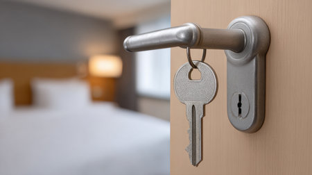 A close-up image of a key inserted in a hotel door lock, with a blurred hotel room in the background, symbolizing hospitality and travel comfort.の素材