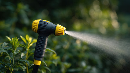 A detailed close-up image showcasing a garden hose sprayer releasing a fine water stream amidst vibrant green foliage, perfect for illustrating gardening themes.の素材