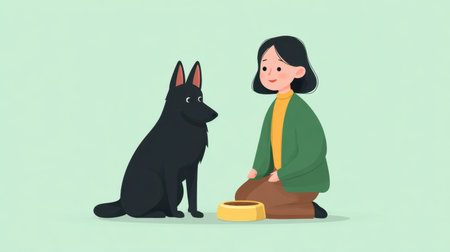 A joyful woman kneels beside her black dog, sharing a tender moment on a soft light green background. This charming illustration captures the essence of pet companionship.の素材