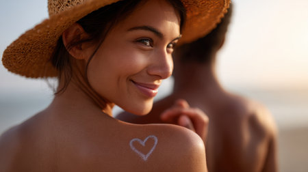 A joyful young woman with a heart drawing on her shoulder smiles softly at the beach during a beautiful sunset, embodying warmth and love.の素材