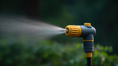 This image features a garden hose sprayer with an adjustable nozzle designed for optimal water spray efficiency, ideal for watering plants and lawns.の素材