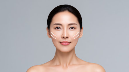 A beautiful woman demonstrates facial massage techniques to enhance skin vitality and combat aging, embodying a serene wellness routine focused on self-care.の素材